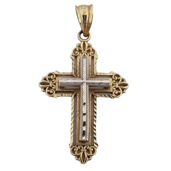 14K Two-Tone Solid Gold Vintage Cross Pendant 1.6g 1.25"H - Picture 1 of 11